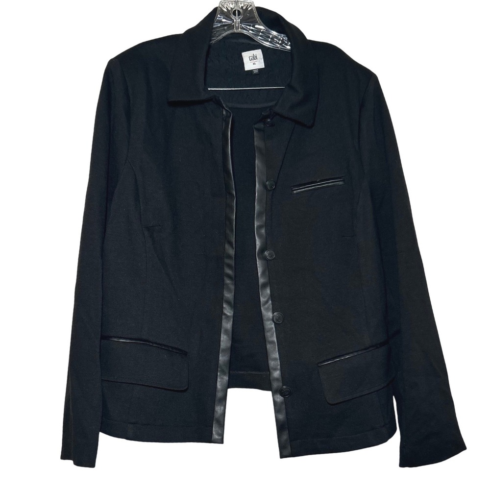 Cabi Black Button Front Jacket Faux Leather Trim XL 3376 Stretch Blazer career